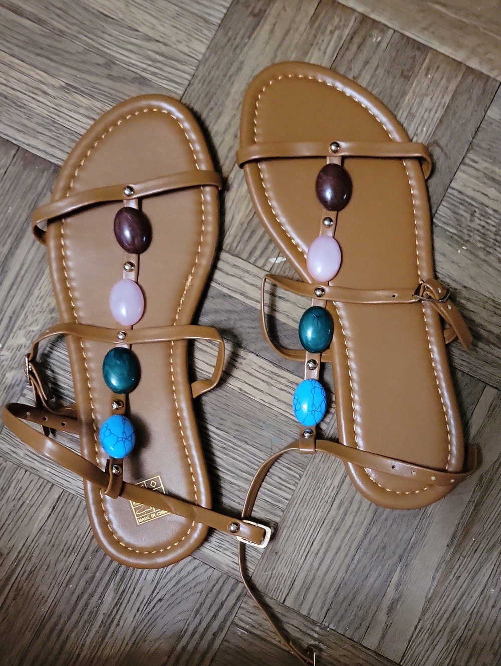 Women’s Tan Beaded T-Strap Sandals